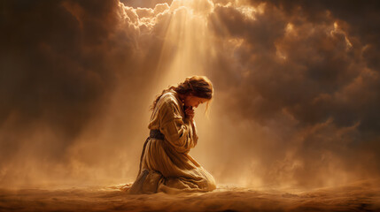 Historical Woman Praying on Desert, Bible Concept