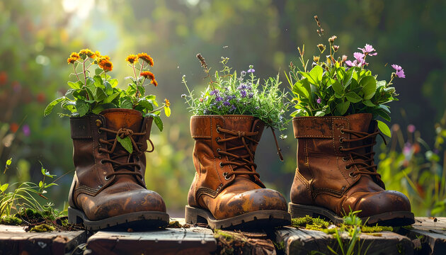 Repurposing vintage clothing ideas can create unique planters with old boots filled with flowers - Powered by Adobe