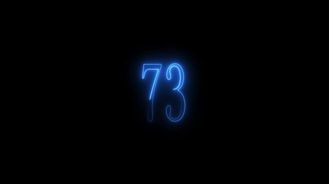 Electric blue neon number 73 glowing on a black canvas seventy three numeral