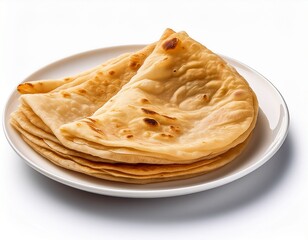 delicious golden brown flaky paratha on a white plate isolated on white background