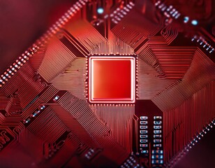close up of a red microchip on a circuit board background