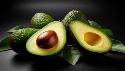 fresh avocado halves and slices arranged on a clean black background for a vibrant food display