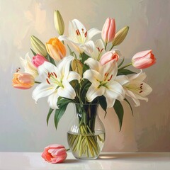 Obraz premium Stilllebens mit Lilien und Tulpen in Glasvase