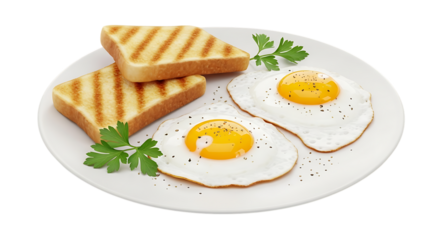A delicious breakfast of fried eggs and toast is presented on an isolated on transparent background, the golden yolks and perfectly grilled bread offering a tempting start to the day, ideal for food b