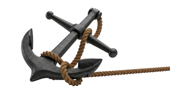Nautical Anchor with Rope on Black Background