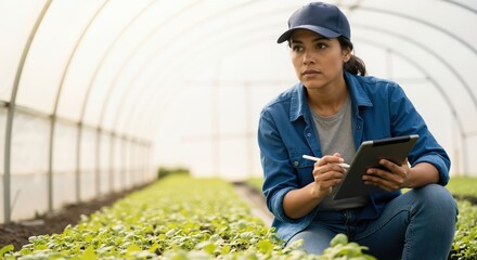 Female farmer using a digital tablet to inspect seedlings in a greenhouse. Agronomist applying modern agritech for crop management. Smart farming and sustainable agriculture concept