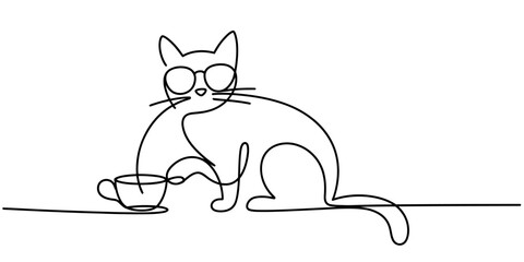 Whimsical cat wearing glasses enjoys coffee in a simple line drawing style vector