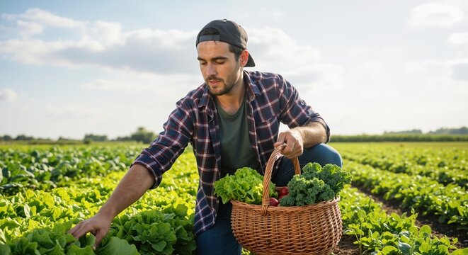 Young farmer harvesting fresh organic vegetables in a sunny field. Man picking lettuce and holding a wicker basket of produce. Sustainable agriculture and healthy lifestyle concept - Powered by Adobe