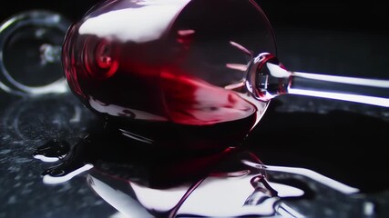 Wine glass with spilled red wine on dark surface - Powered by Adobe