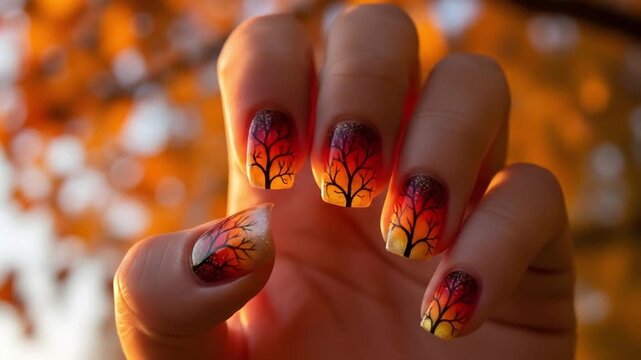 Autumn tree nail art design fall season manicure beauty