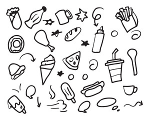 Hand Drawn Fast Food Doodles. Children Style Sketch Icons on White Background