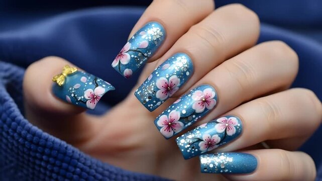 Elegant blue nails with cherry blossom and butterfly design