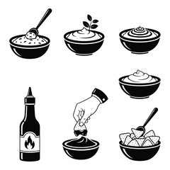 Collection of food dips sauces condiments and spices icons set silhouette