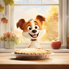 Cute dog in front of an apple pie
