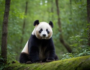 Obraz premium Giant Panda Sitting in Forest. Cute Panda in Natural Habitat. Wild Panda Resting on Mossy Ground. Endangered Panda in Bamboo Forest. Adorable Panda Sitting Peacefully in Woods