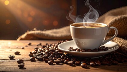 Steaming Coffee Cup with Beans on Rustic Wood Table and Burlap Sack with Bokeh Background in Warm Morning Sunlight