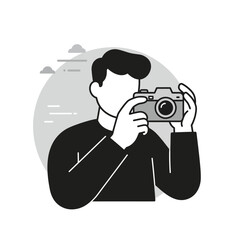 Minimalist black and white illustration of a photographer.