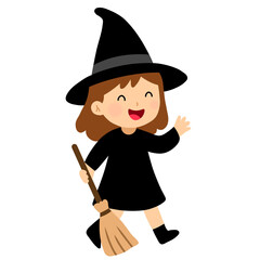 Cute Little Witch Girl with Broom Cartoon Illustration