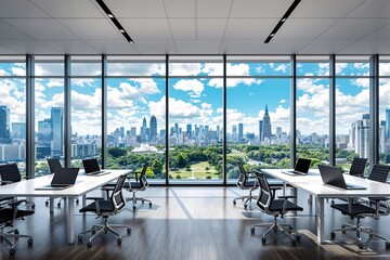 Modern business office with panoramic city view, sleek furniture, and laptops under clear blue sky, symbolizing innovation and workspace concept. Ai generative