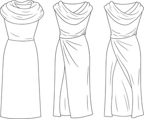 Technical flat fashion sketch vector of sleeveless draped cowl neckline dresses with fitted bodice, layered skirts, slit detail, elegant design