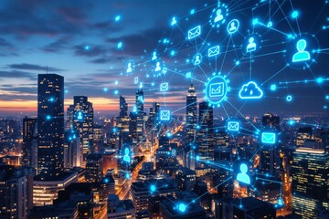Digital communication network concept over illuminated city skyline at dusk showing interconnected people and icons across modern urban landscape. Ai generative