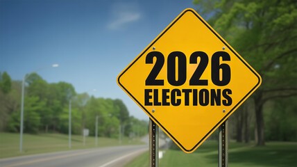 A yellow road sign displaying the text elections in the year twenty twenty six on a rural road side