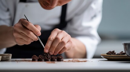 Pastry chef creating chocolate garnishes,