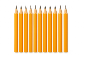 Eleven sharpened yellow pencils neatly aligned, isolated on transparent background