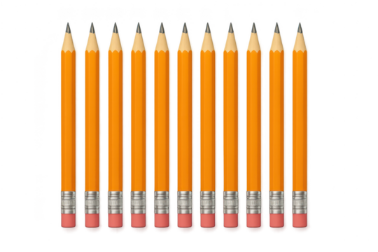 Row of classic yellow pencils with pink erasers, isolated on transparent background