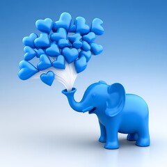 Blue Elephant with Heart Balloons on Light Blue Background