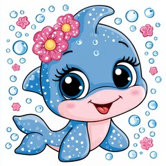 Cute Blue Dolphin with Flowers and Bubbles Cartoon Illustration