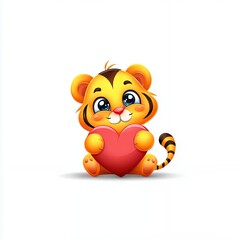 Cute Cartoon Tiger Cub Holding a Red Heart