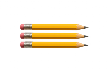 Stack of three yellow wooden pencils with erasers isolated on transparent background