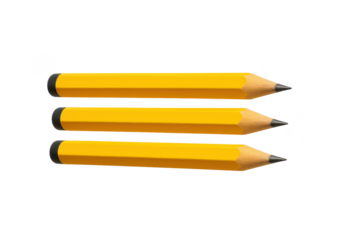 Three essential yellow school pencils isolated on a clean transparent background