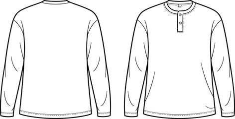 Long sleeve Henley shirt technical flat sketch front and back view with round neckline, button placket, stitching details, apparel fashion vector illustration