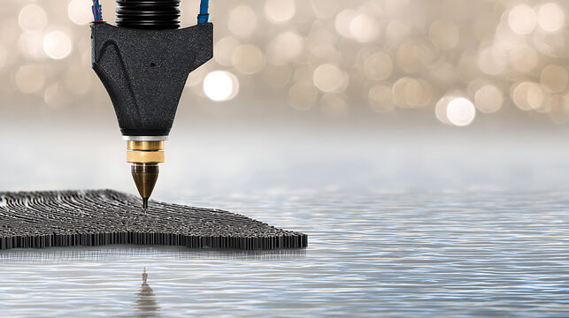 Close-up of a precision tool creating intricate patterns on a surface with a reflective water background