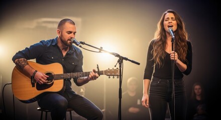 Acoustic Duo in Concert: Passionate Performance Under Warm Stage Lights