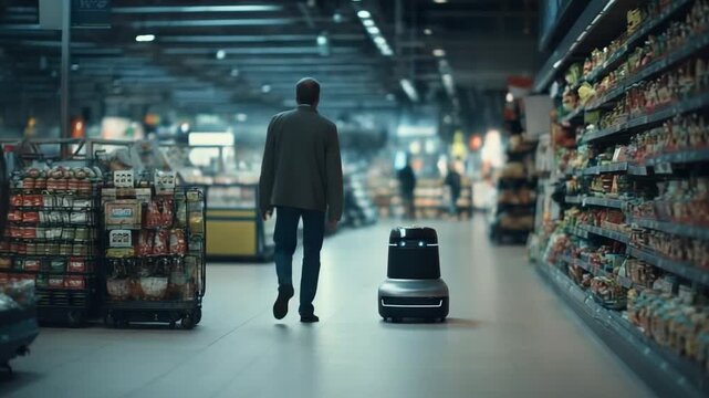 A man in a jacket walks beside a small autonomous delivery robot down a brightly lit supermarket aisle.
