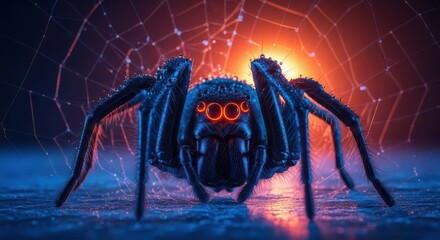 Dark Spider with Glowing Eyes on a Futuristic Web Background