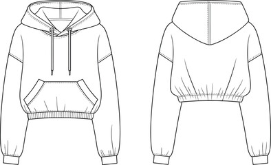 Vector illustration of cropped hoodie front and back view with drawstring hood, kangaroo pocket, ribbed cuffs, relaxed fit fashion template
