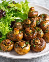 Sautéed Mushrooms with Salad on Plate