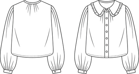 Vector illustration of elegant women&rsquo;s blouse front and back view with ruffled collar, button closure, gathered sleeves, fashion design template