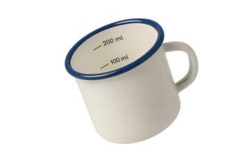 Enamel measuring mug isolated on a transparent background, for cooking and baking.