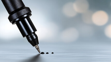 Close-up of a precision tool dispensing small droplets on a smooth surface