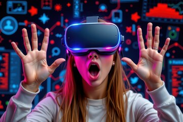 Virtual reality concept with a young woman expressing surprise at interactive simulated graphics symbolizing immersive gaming and futuristic technology.