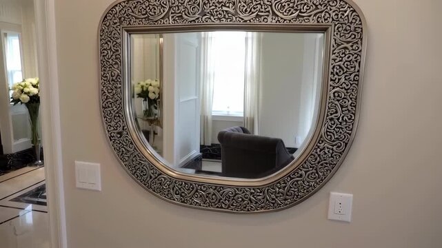 Ornate Silver Mirror on Beige Wall