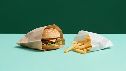 Burger and fries in a paper bag 