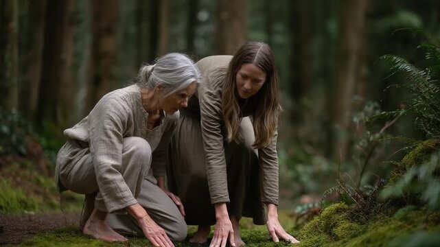 Two women, one elderly and one younger, kneel in a forest and touch the mossy ground with their hands.