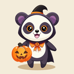 Obraz premium Cute Panda in Halloween Costume Holding Pumpkin