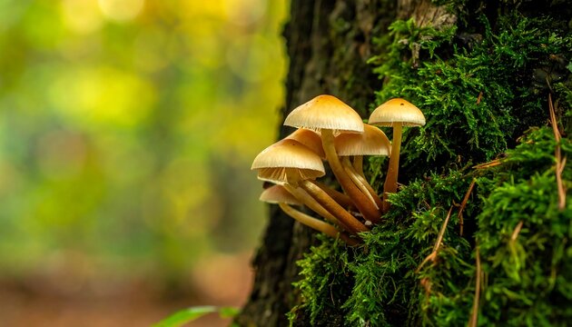 Forest mushrooms on mossy tree trunk
